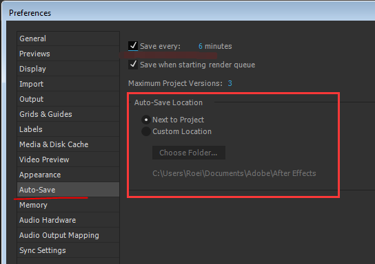 Local do arquivo de salvamento automático do Adobe After Effects