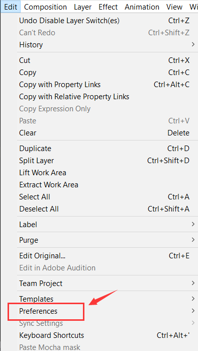 Preferências do Adobe After edit Effects