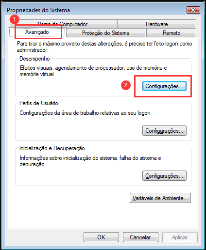 Interface de configurações avançadas do sistema