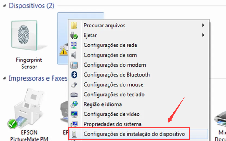 Configurações de instalação do dispositivo