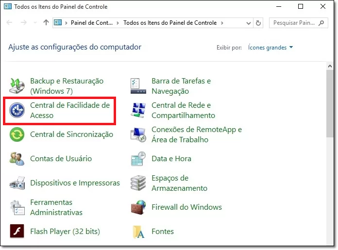 Abra a opção Centro de Facilidade de Acesso