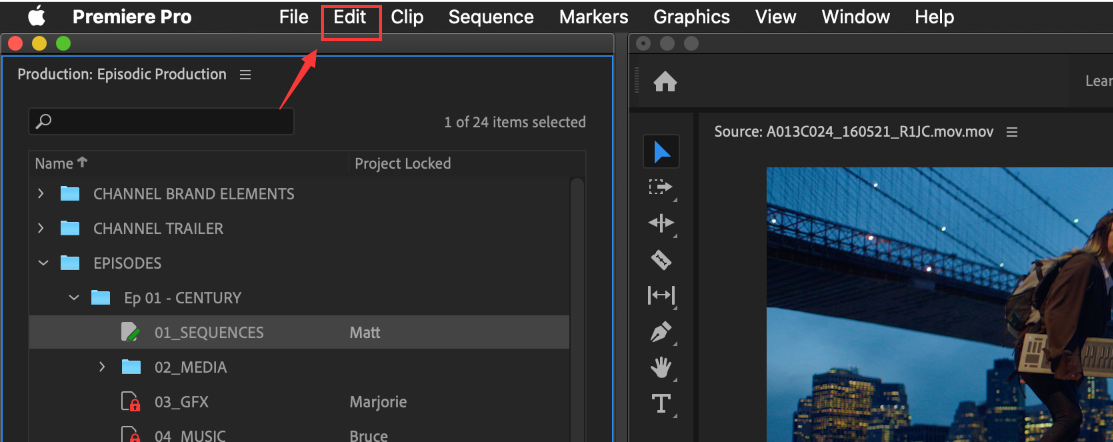 edição do menu do Adobe Premiere