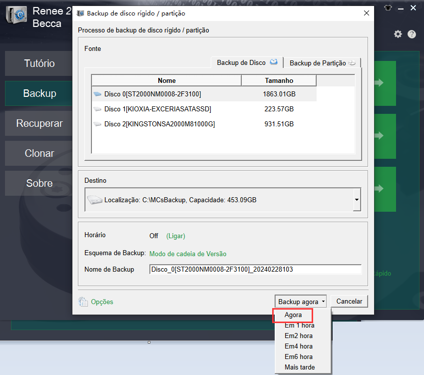 Backup de disco rígido Backup agora