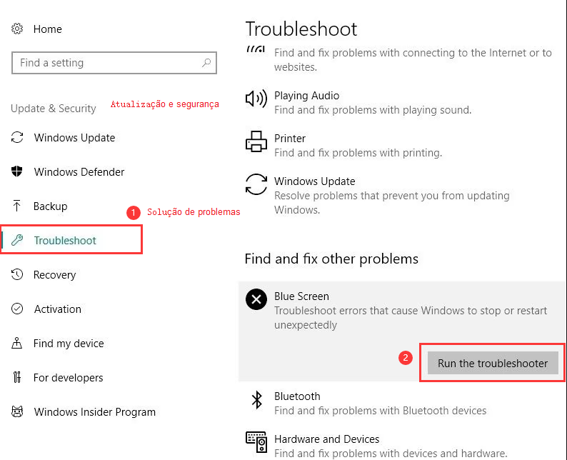 solução de problemas tela azul Windows Update
