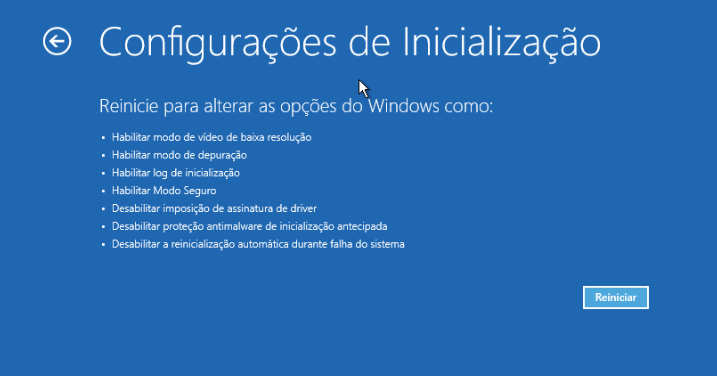 Reiniciar, inicialização de configuração