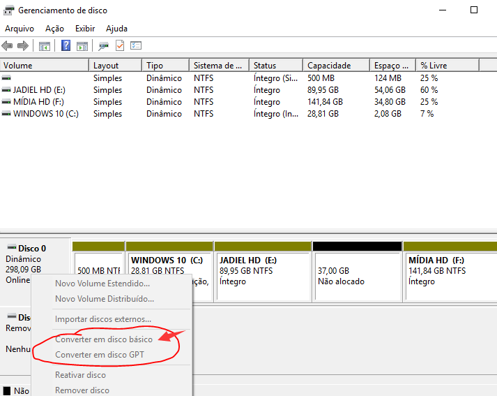 converter volume de disco dinâmico em disco básico no gerenciamento de disco