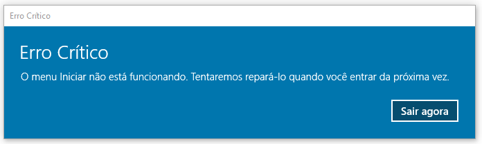 erro crítico - há um problema com o menu Iniciar