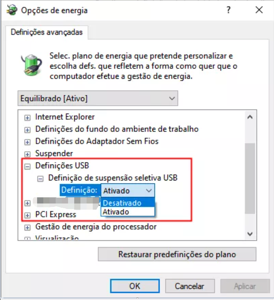 Configuração de suspensão seletiva de USB, Desativado