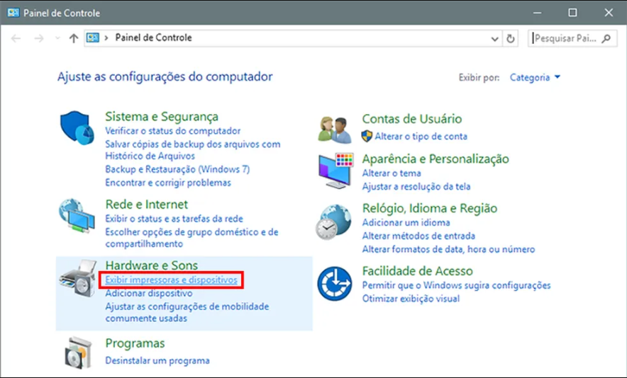 Encontre e entre na opção Dispositivos e Impressoras Windows