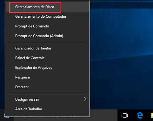 Windows + X, gerenciador de disco