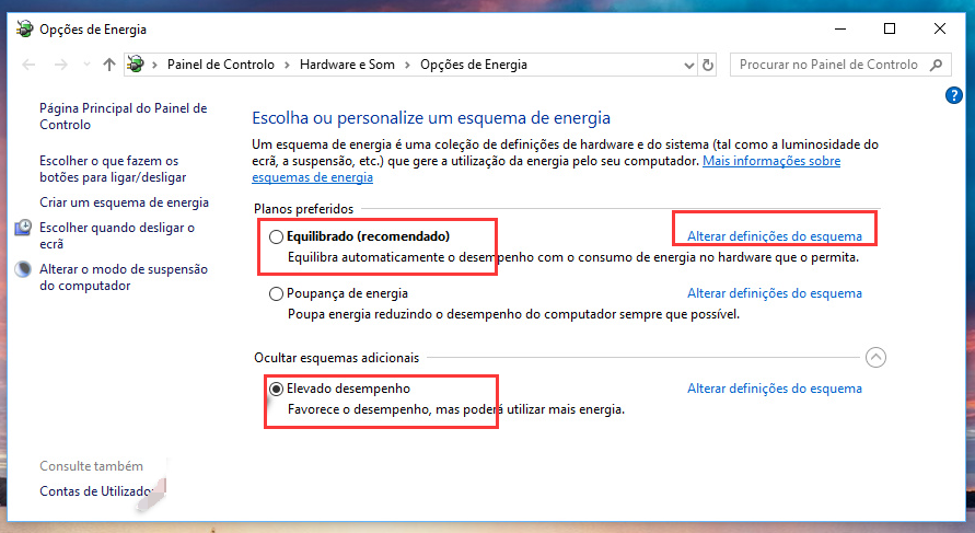 opcoes de energia Windows 10