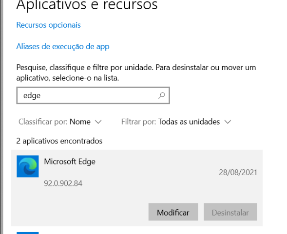 Pesquise para encontrar o Microsoft Edge, desinstale