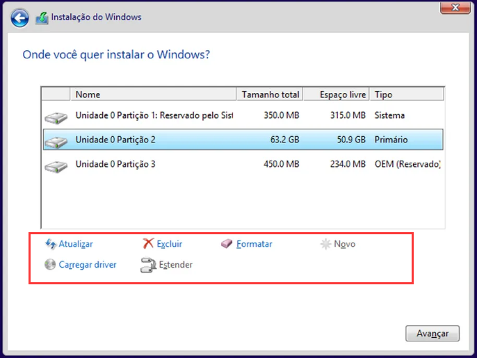 Instalação do Windows, selecione partição