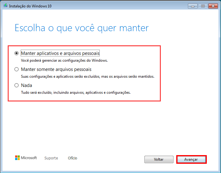 Escolha o que manter, instalação do Windows 10