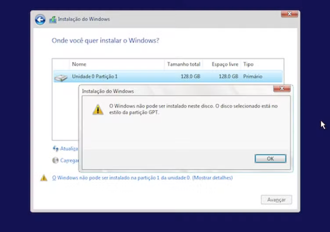 O Windows não pode ser instalado neste disco, o disco selecionado adota o formato de partição GPT