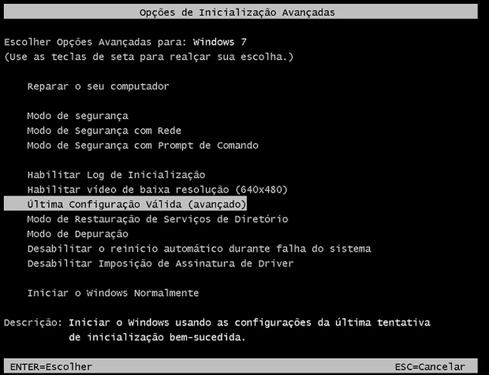 Selecione a última opção de configuração válida