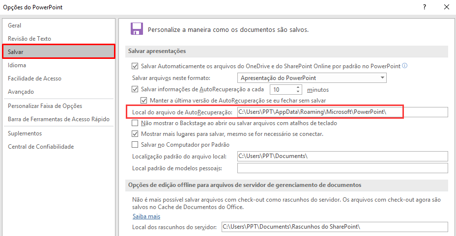 Ver locais de arquivos de AutoRecuperação powerpoint