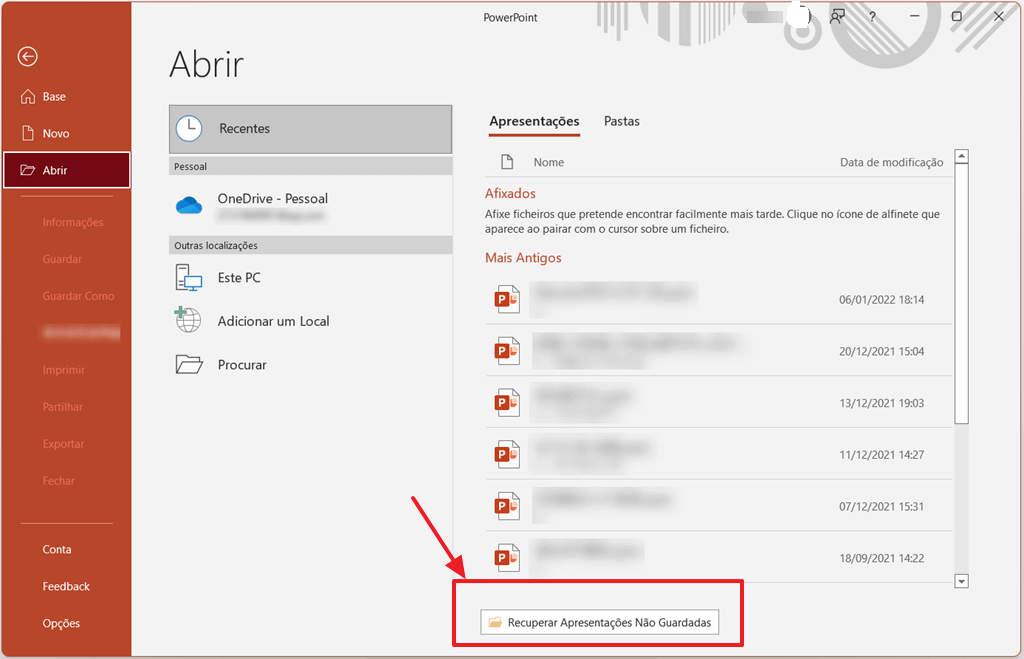 Clique em Recuperar apresentação não salva powerpoint