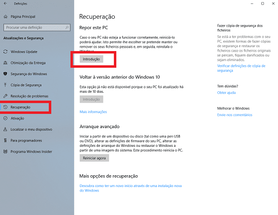 Windows, redefinir este pc