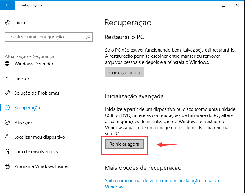Selecione a opção Reiniciar agora