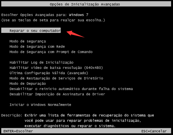 Selecione a opção Reparar o seu computador Windows 7