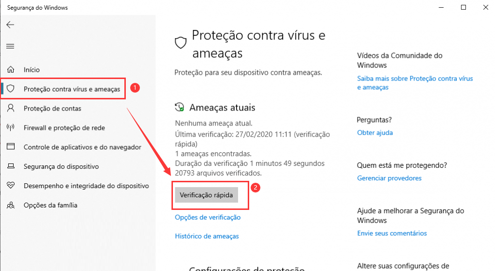 Windows Verificação rápida da proteção contra vírus e ameaças