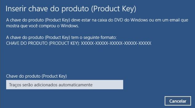 Insira a chave de produto correta