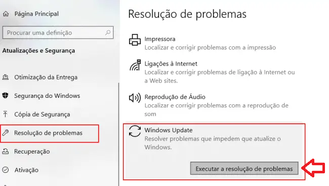 Execute o solucionador de problemas no Windows Update