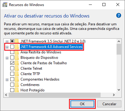 Ativar ou desativar recursos do Windows .net framework