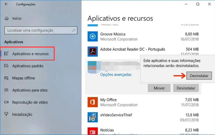 aplicação e funções, Windows 10 desinstalar software