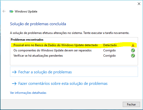 Possível mensagem de erro do banco de dados de atualização do Windows detectada