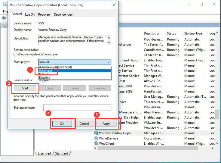 Windows Serviço Volume Shadow Copy, clique com o botão direito e selecione propriedades