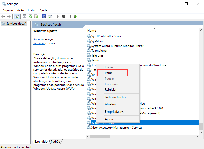 parar o serviço de atualização do Windows