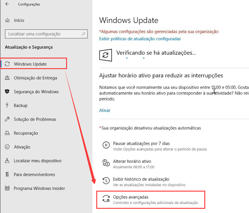 Opções avançadas de atualização do Windows