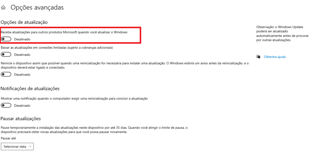 Desative a atualização de outras atualizações oferecidas pelo Windows