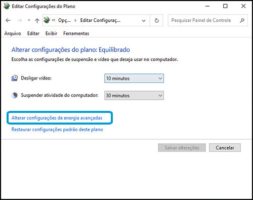 Alteração das configurações avançadas de energia