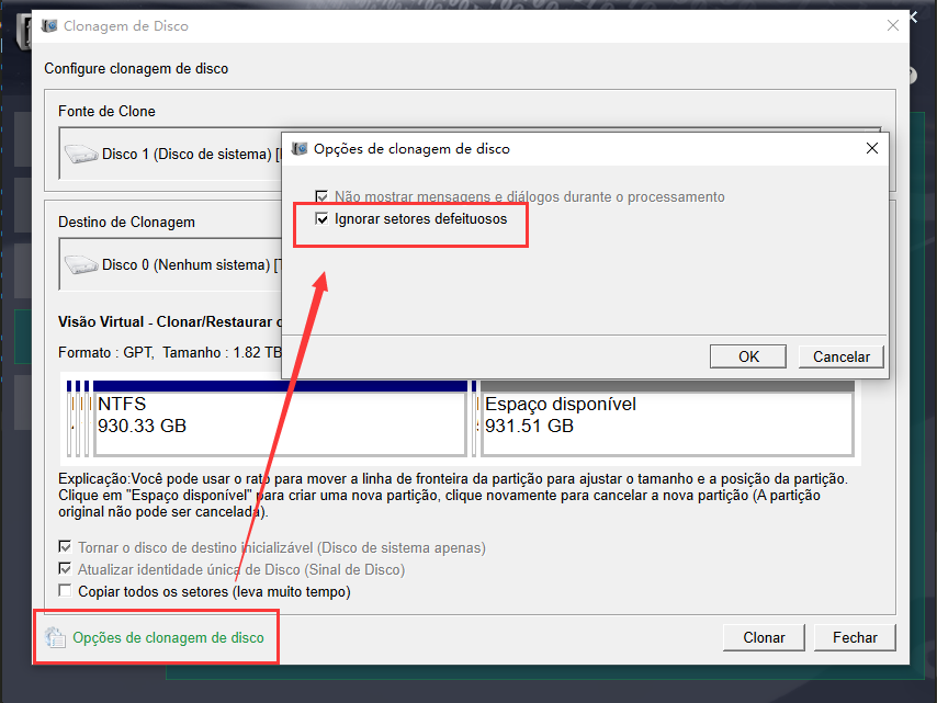 becca Clonar disco ignorar setor defeituoso