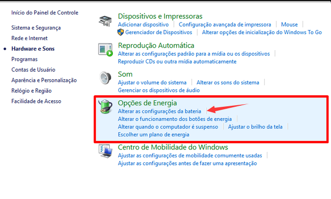 Alteração das opções de configuração da bateria