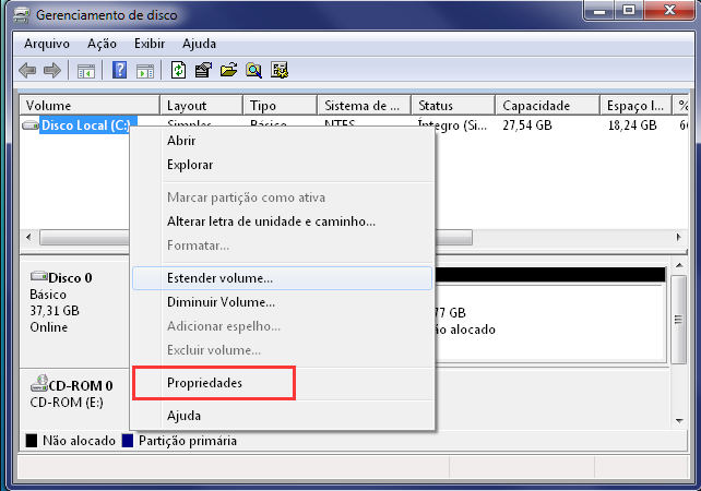 verificar as propriedades do disco