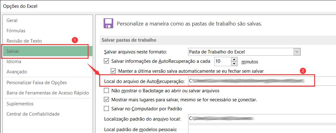 Exibir o local do arquivo de recuperação automática do Excel