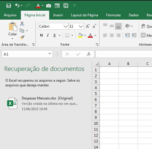 recuperação de documentos do excel