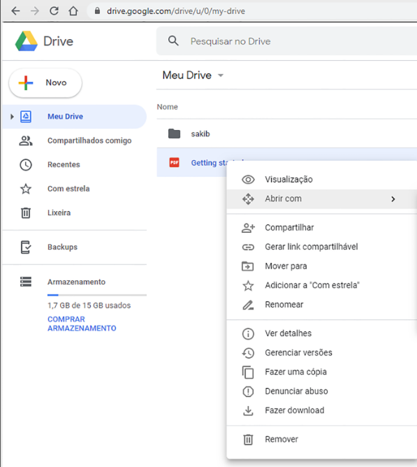Google Drive Manage files right click file menu