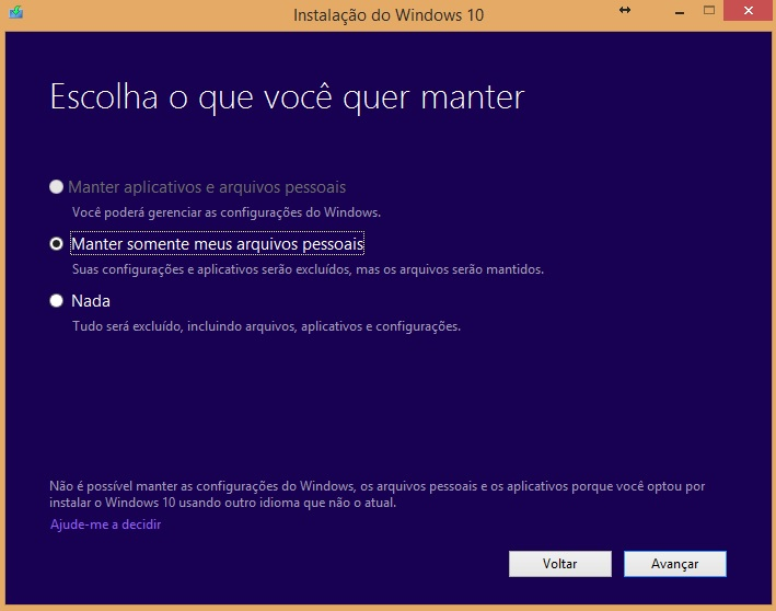 A configuração do Windows 10 escolhe o que manter