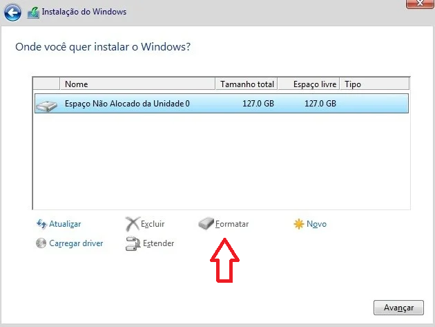 Onde você deseja instalar o Windows