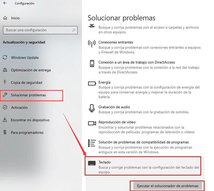 solucionador de problemas de teclado Windows 10