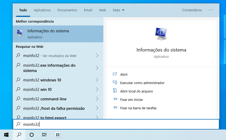 Windows Opções de informações do sistema de pesquisa msinfo32