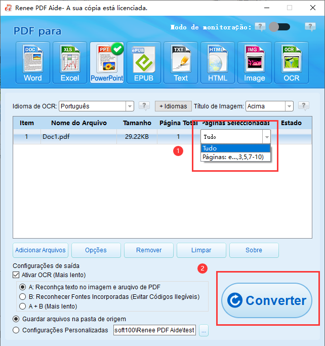 Configuração do idioma do OCR e da página de conversão