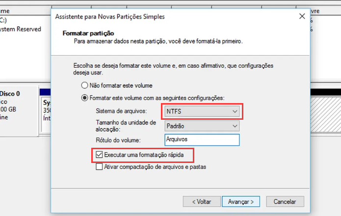 partição de formatação rápida windows 10