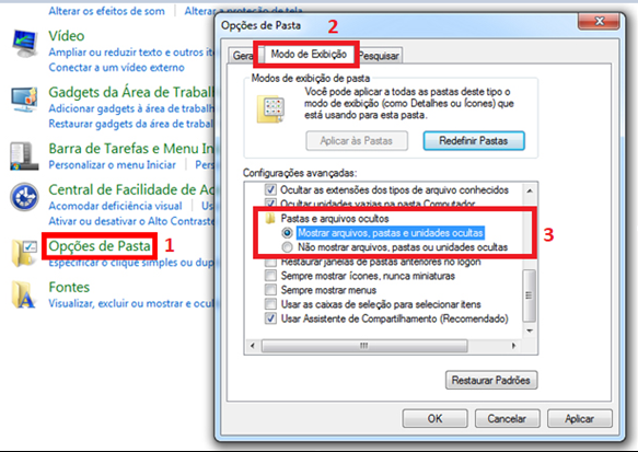 Painel de controle Mostrar arquivos ocultos