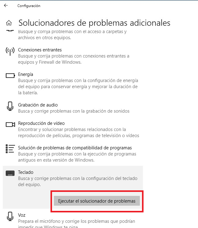 Execute o solucionador de problemas  teclado